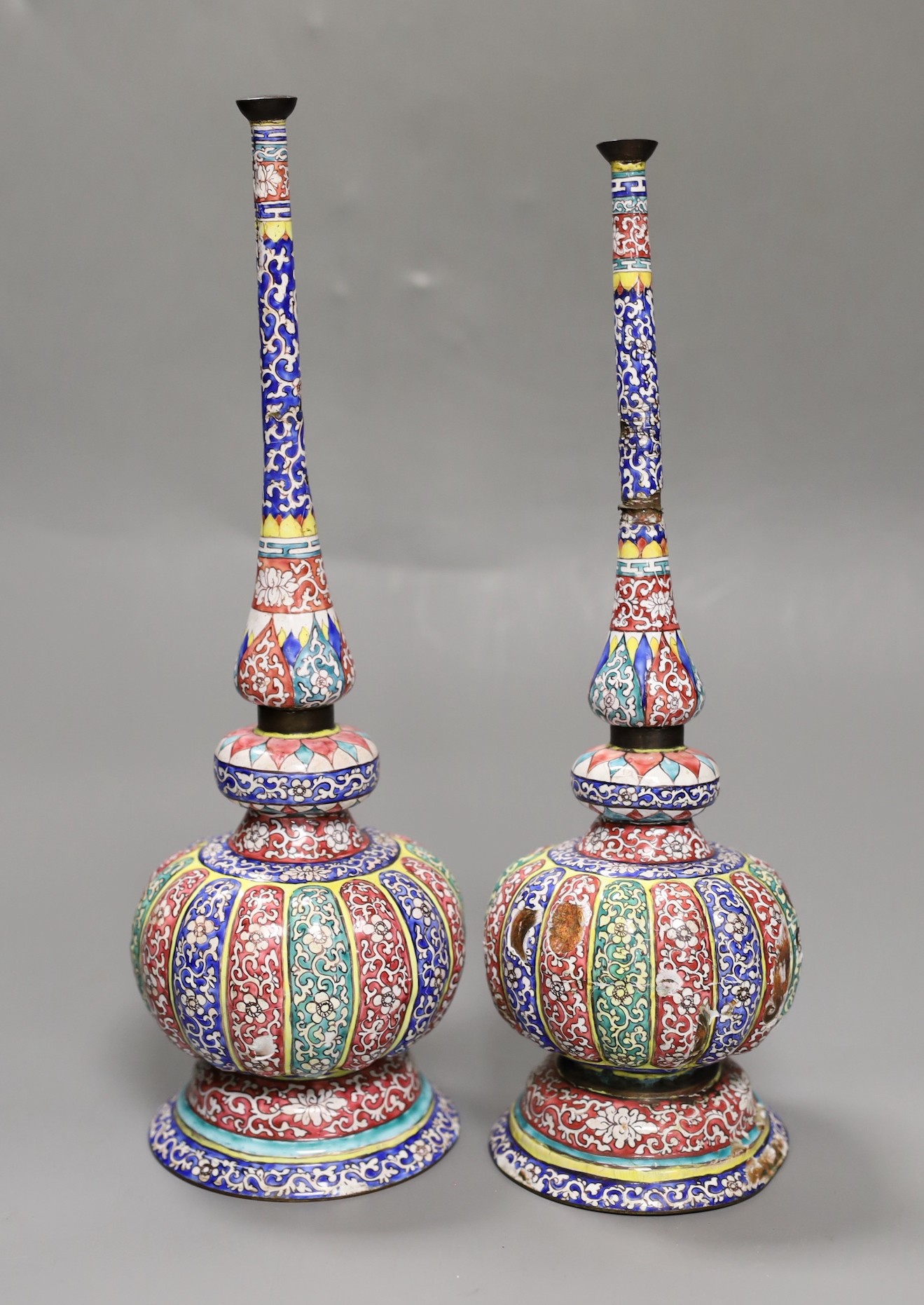 A pair of 19th century Chinese Guangzhou enamel rosewater sprinklers, made for the Indian market 30cm